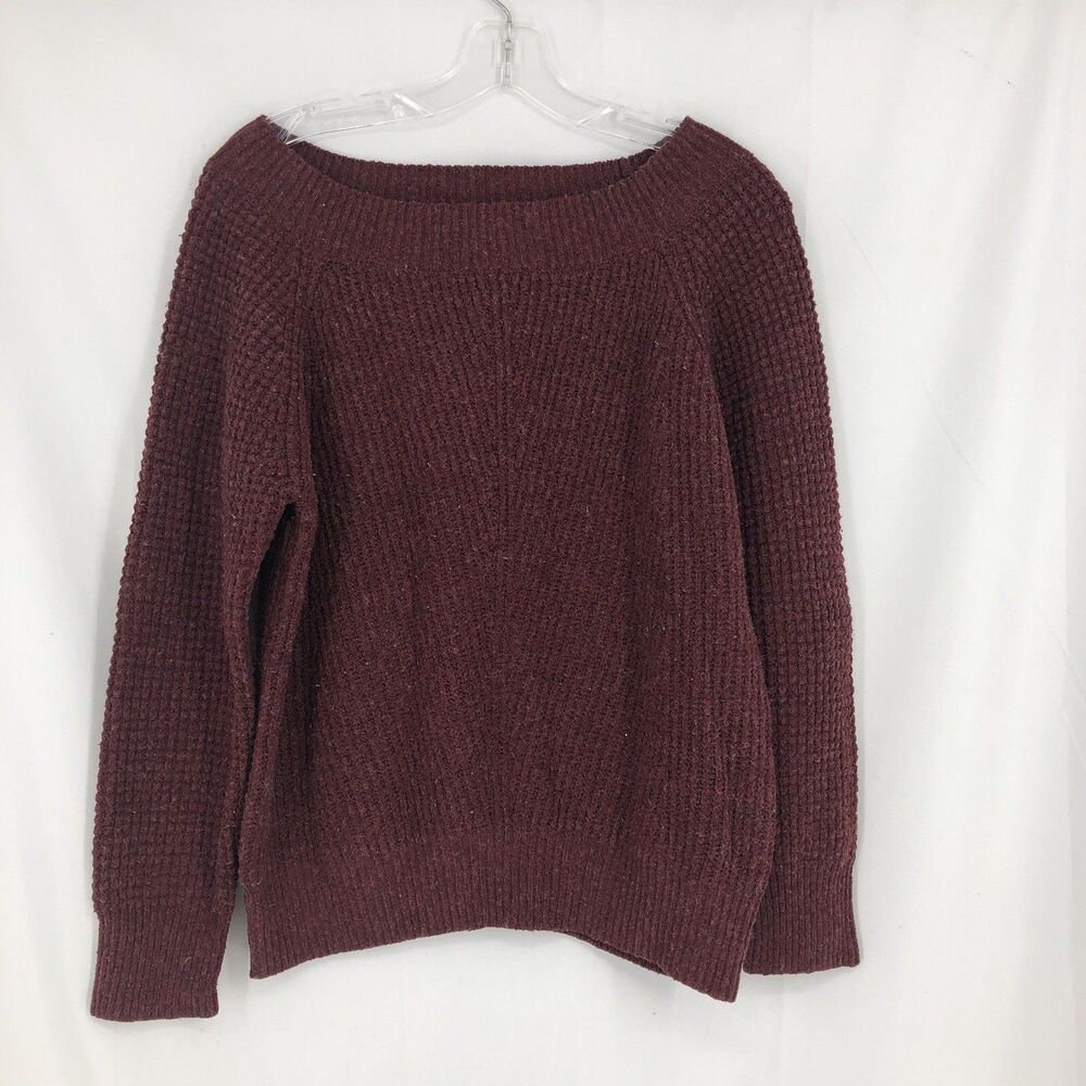 LOFT Cable Knit Sweater Large Maroon Boat Neck Soft Textured Cozy Womens